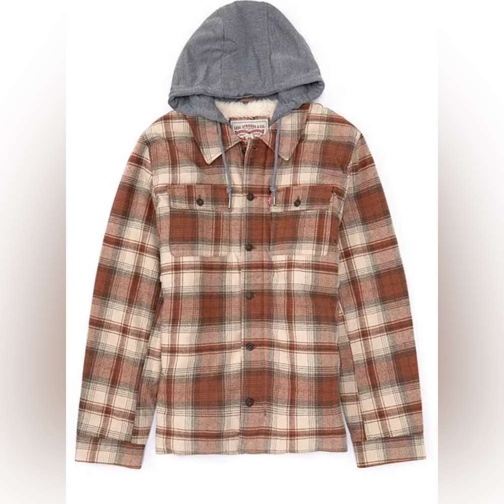 Levi Strauss Mens Faux Sherpa Lined Plaid Hooded Shirt Jacket Button Zip Sz M
